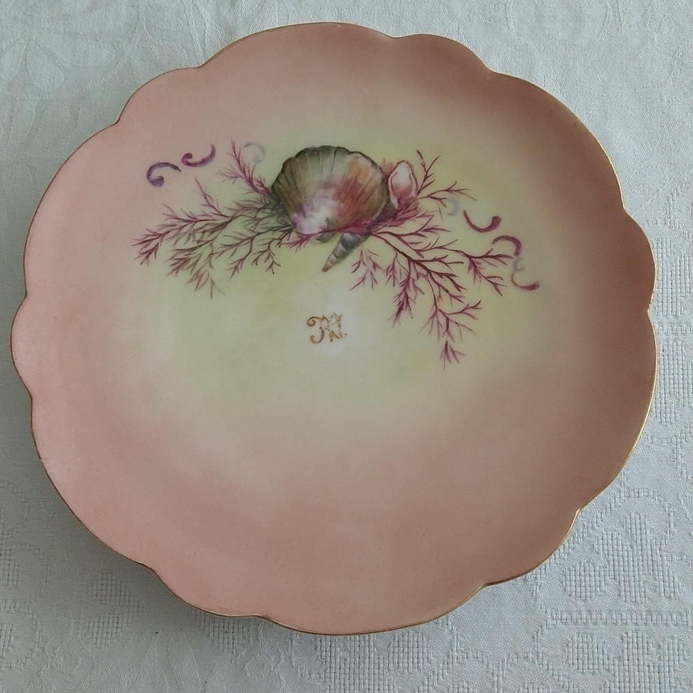 Vintage hand-painted porcelain salad plate pink shell decor monogram France
